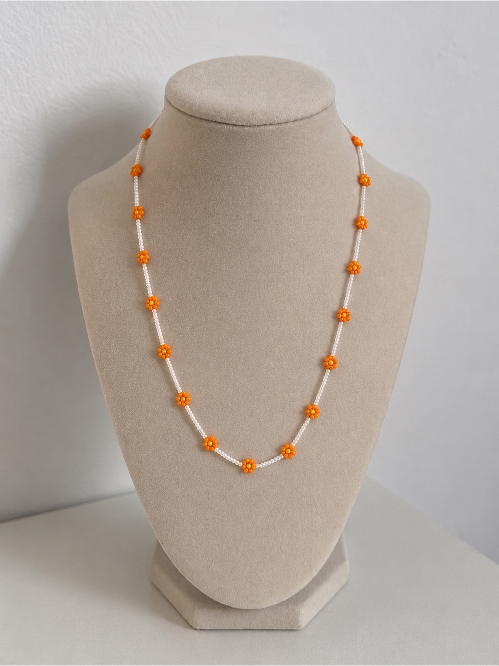 Orange White Beaded Flower Necklace Handmade Floral Jewelry Unique Gift